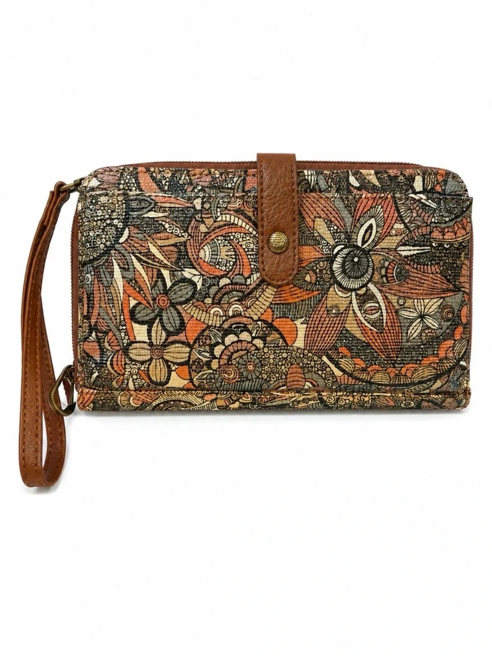 Patricia Nash Black and Brown Floral Leather Zip Phone Case